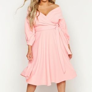 BooHoo Coral Off Shoulder Wrap Dress